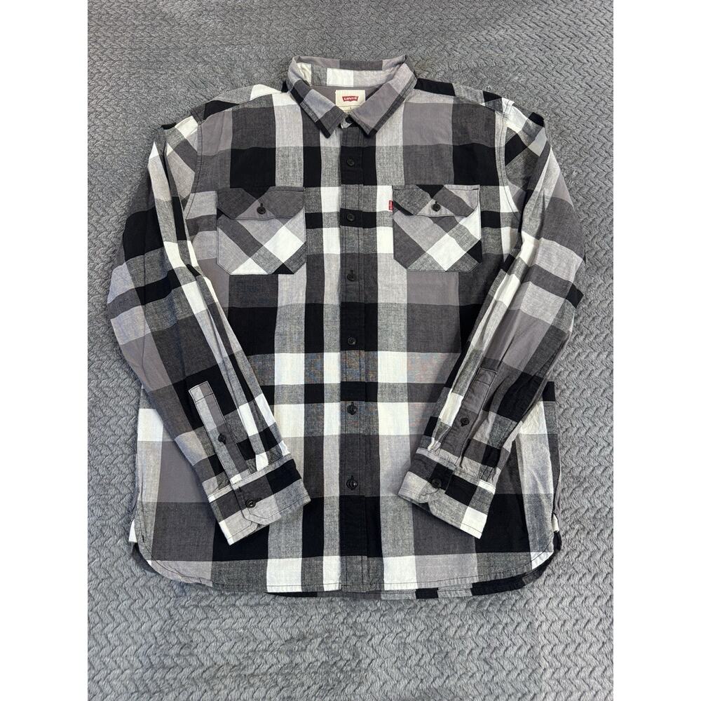 LEVIS Mens Large Buffalo Plaid Black Gray White Shirt Longsleeve Casual Pockets